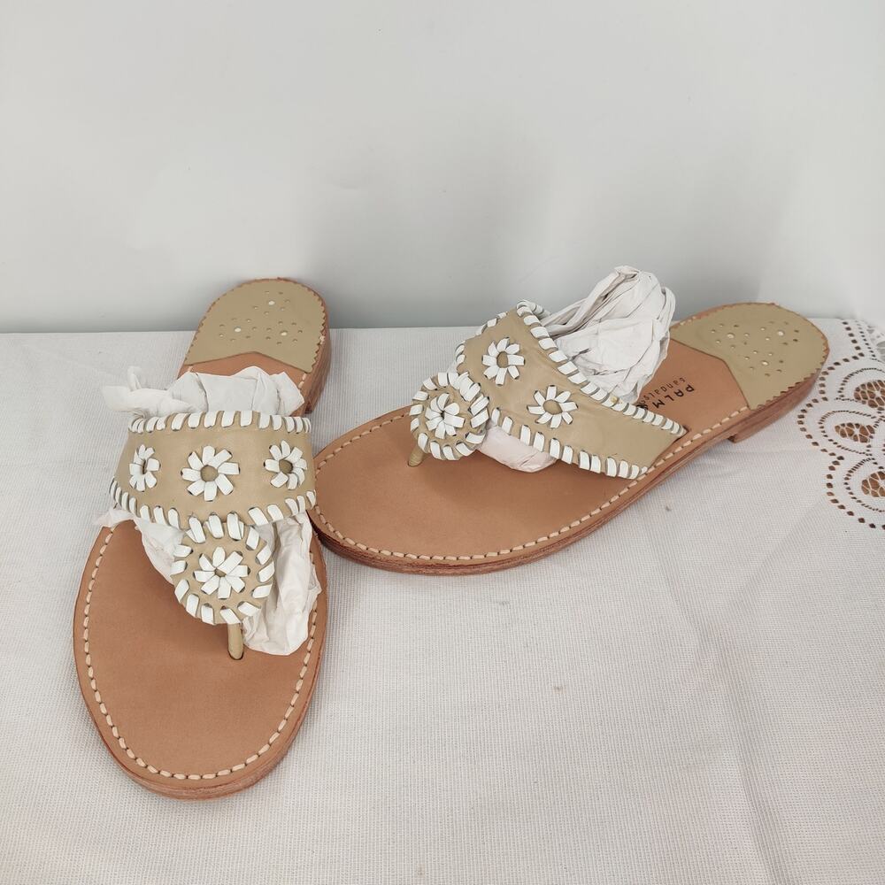 Palm Beach Sandals Tan and White Leather Flat Sandals Size 10 Made in USA - Picture 3 of 5